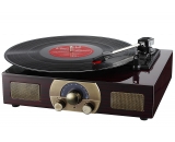 LuguLake Stereo 3-Speed Turntable with Built-In Bluetooth Speakers, Record Player, FM Radio and RCA Output, Vintage Phonograph with Retro Wooden Finish