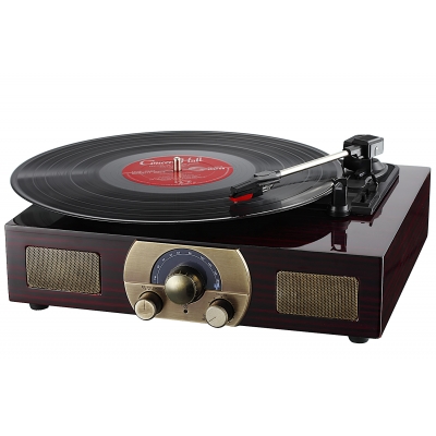 LuguLake Stereo 3-Speed Turntable with Built-In Bluetooth Speakers, Record Player, FM Radio and RCA Output, Vintage Phonograph with Retro Wooden Finish